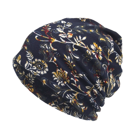 Gorro Beanie Caído Mujer Estampado Floral Vintage Punto Poliéster Suave Doble Capa Cálido Bufanda Otoño Invierno
