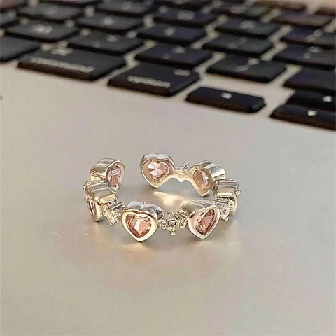 Heart Shaped Pink Zirconia Ring Silver Color Adjustable Open Design Vintage Sweet Fashion Jewelry For Women