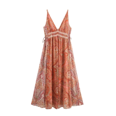 Paisley Print Maxikleid Spitze V-Ausschnitt Ärmellos Spaghettiträger Boho Sommer Langes Kleid Damen