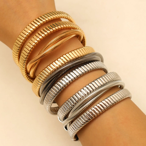 Hip Hop Punk Multi Layer Metal Open Bangle For Women Chunky Wrap Spiral Tubogas Stretch Bracelet Personalized Jewelry Gift