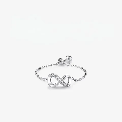 925 Sterling Silver Infinity Symbol Adjustable Chain Ring With Cubic Zirconia Pave Setting Jewelry For Women