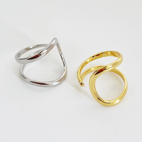 925 Sterling Silber Ring Unregelmäßige Doppellinie Minimalistisch Geometrisch Welle Offen Verstellbar Damen
