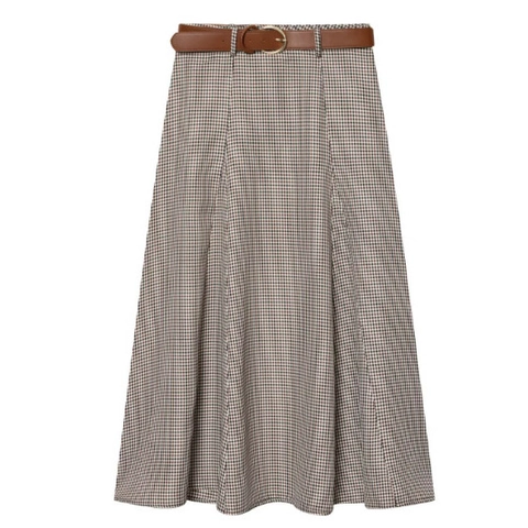 Gonna A Linea A Quadri Pied De Poule Vita Alta Vintage Midi Con Cintura In Pelle PU Poliestere Donna