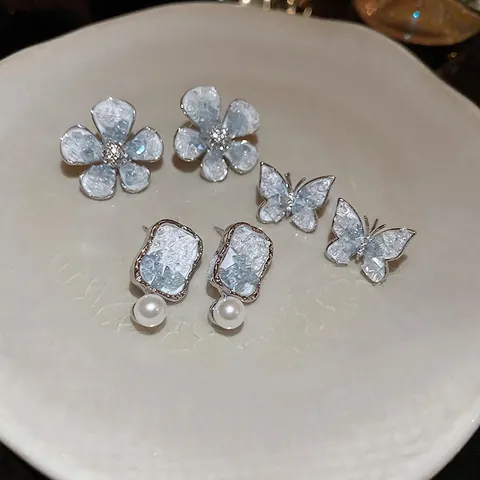 Crystal Flower Butterfly Earrings With 925 Sterling Silver Earring Post Elegant Alloy Faux Artificial Pearl Jewelry For Women