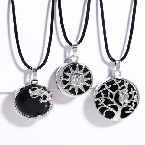Pendant Necklace Black Onyx Copper Vintage Dragon Sun Moon Tree Of Life Design Leather Rope Jewelry For Women Men