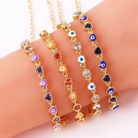 Gold Plated Copper Heart Evil Eye Bracelet Colorful Rhinestone Enamel Chain Adjustable Hip Hop Jewelry For Women Men