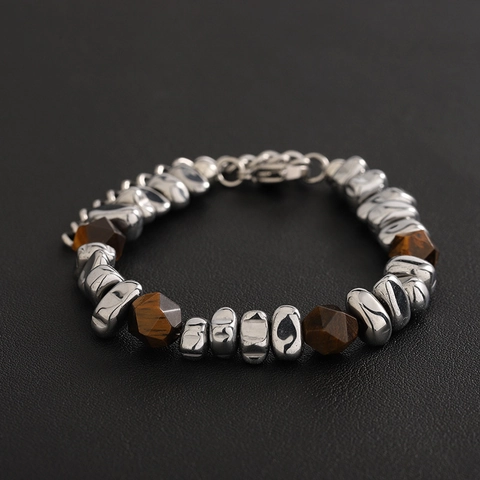 Retro Titanium Steel Spliced Tiger Eye Beaded Bracelet For Men Women New Chinese Style Minimalist Geometric Hand String Jewelry