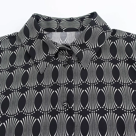 Damen Langarm Bluse Geometrischer Druck Revers Knöpfe Hemd Lässig Elegant Büro Polyester Oberteile Lockere Passform