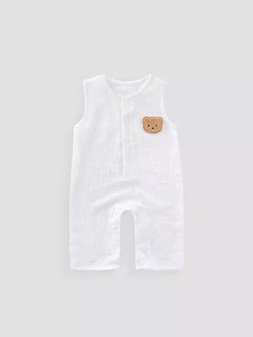 Baby Sleeveless Romper Cotton Gauze Breathable Summer Creeper Cartoon Bear Patch Cute Infant Bodysuit Jumpsuit