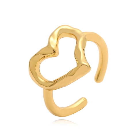 Anelli Regolabili In Rame Placcati Oro Cuore Vuoto Foglia Martellata Retro Minimalista Da Donna