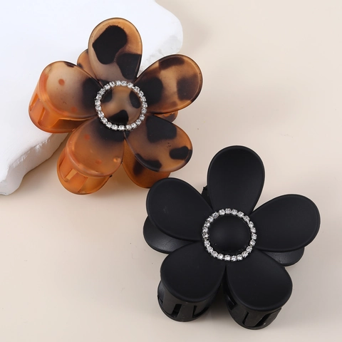 Pinzas Para El Cabello En Forma De Flor Acetato Carey Leopardo Negro Mate Pinzas De Tiburón Con Diamantes De Imitación Mujeres