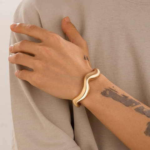 Irregular Wave Bangle Bracelet Alloy Smooth Polished Open Cuff Hip Hop Style Niche Design Jewelry For Men And Women