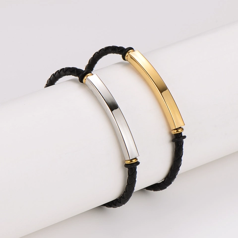 Pulsera De Cuero Trenzado Con Placa Curva De Acero Inoxidable Cierre Magnético Joyería Minimalista