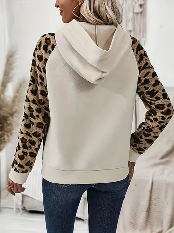 Women Hoodie Long Sleeve Leopard Print Patchwork Sweatshirt Button Placket Casual Loose Pullover Top