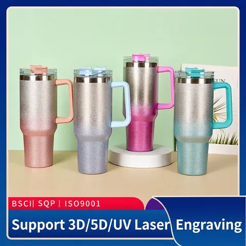 Large Capacity Insulated Tumbler With Handle And Straw Gradient Glitter Stainless Steel Double Wall Vacuum Travel Mug