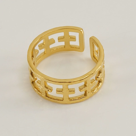 Anillo De Acero Inoxidable Cruz Geométrica Hueca Ajustable Abierto Chapado En Oro 18K Joyería Minimalista Para Mujeres