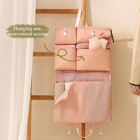Hanging Travel Storage Bag Foldable Multi Grid Polyester Partitioned Mesh Zipper Luggage Organizer For Clothes Wardrobe Closet
