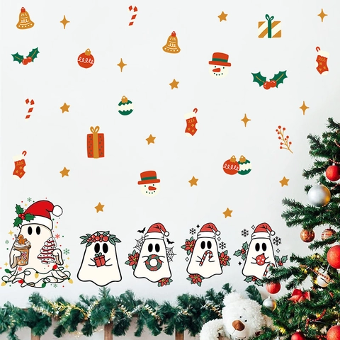 Christmas Wall Stickers PVC Waterproof Window Decals Cartoon Ghost Santa Snowman Holiday Decoration For Home Living Room