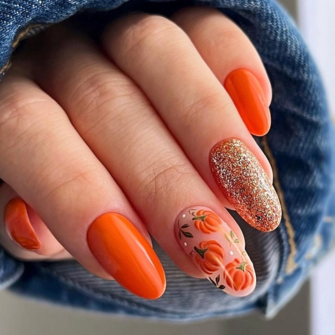 Halloween Pumpkin Press On Nails Orange Glitter Autumn Harvest Style Oval False Nail Tips For Women Party Decor