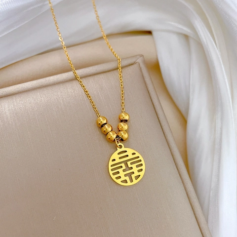Collar Con Colgante De Doble Felicidad De Acero Inoxidable Cuentas Redondas Choker Minimalista Para Mujeres Joyería Estilo Coreano