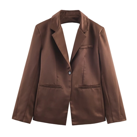 Blazer Pantaloni E Top A Tubo In Raso Marrone Chic Con Apertura Posteriore Tinta Unita Elegante