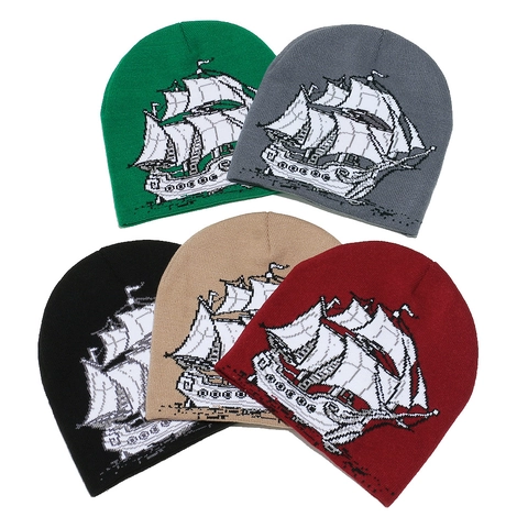 Gorro De Punto Acrílico Patrón Velero Jacquard Cálido Invierno Exterior Retro Streetwear Para Hombres Mujeres