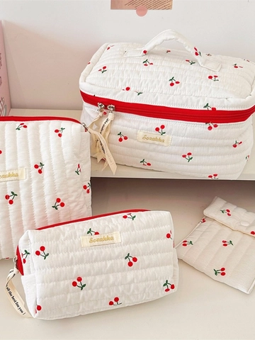 Cherry Print Quilted Cotton Cosmetic Bag Portable Travel Makeup Storage Pouch Handheld Toiletry Organizer For Women