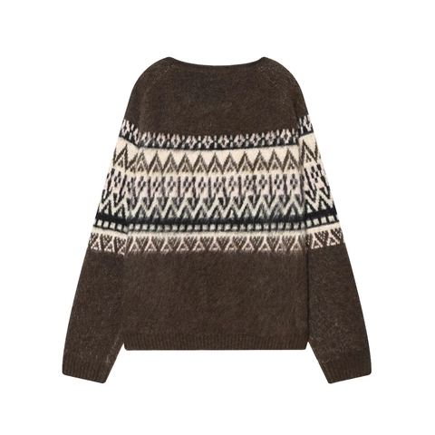 Dames Fair Isle Geometrische Jacquard Trui Ronde Hals Lange Mouwen Pluizige Gebreide Trui Vintage Casual Bruin