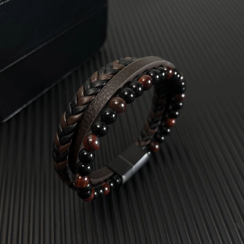 Multi-Layer Armband Für Herren Geflochtenes Leder Rotes Tigerauge Schwarzer Achat Edelstahl Magnetverschluss Vintage Handgefertigt