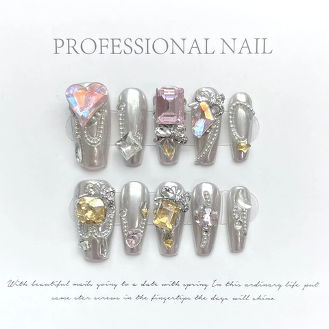 Uñas Postizas Hechas A Mano Espejo Plateado Corazón Rosa Lazo Cadena Perlas Artificiales Diamante Largo Trapecio Estilo Y2K