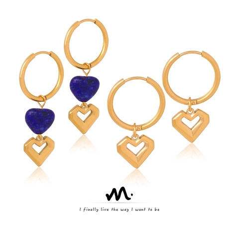 Orecchini a Cerchio in Acciaio al Titanio Placcato Oro Stile Francese Cuore Pietra Blu Pendente a Cuore per Donna