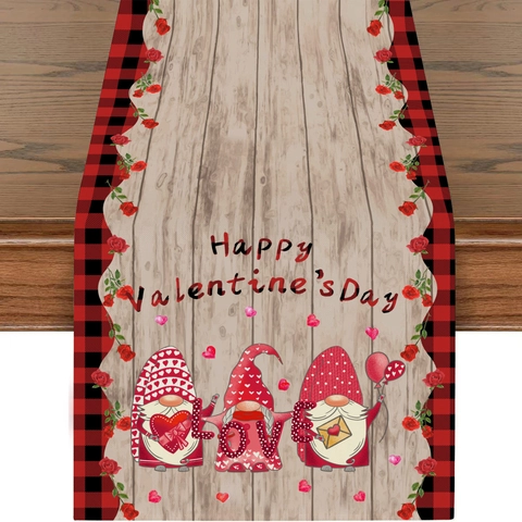 Valentinstag Gnome Tischläufer Rotes Herz Rose Plaid Rand Leinen Tischtuch Romantische Jahrestag Essen Dekoration