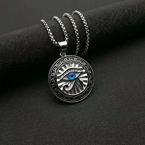Eye Of Horus Anhänger Halskette Titanstahl Vergoldet Blaues Auge Ägyptisch Rundes Medaillon Hip Hop Schmuck Für Herren