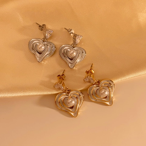 Orecchini Pendenti A Cuore Acciaio Inossidabile Con Zircone E Perla Artificial Di Imitazione Multistrato Elegante Per Donne