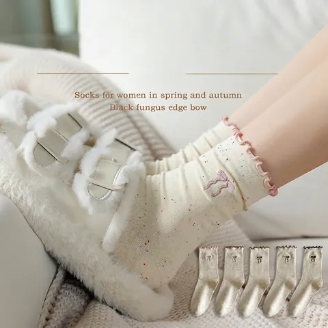 Women's Japanese Style Bowtie Confetti Crew Socks With Lettuce Edge Sweet Knitted Mid-Calf Socks For Everyday Fashion
