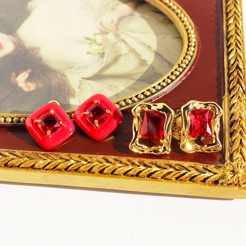 Orecchini a Bottone in Ottone Vintage Francese Con Zirconi e Perno in Argento Sterling 925 Gioielli Geometrici Smaltati