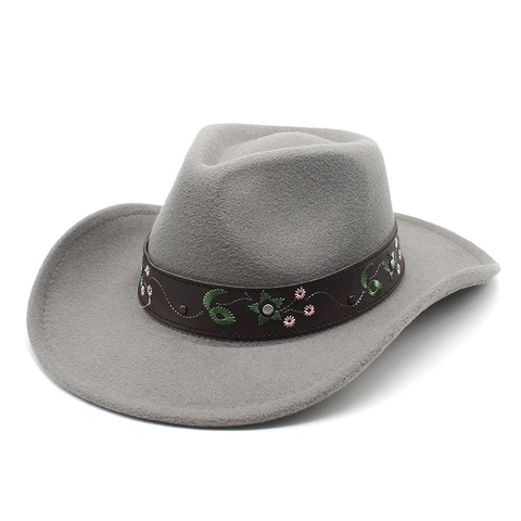 Western Cowboy Hat Woolen Felt Vintage Ethnic Wide Brim Fedora With Embroidered Floral Leather Band And Rivets For Women Men