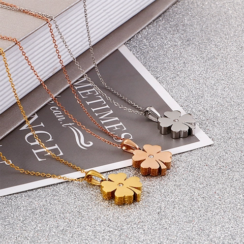 Collar Con Colgante De Trébol De Cuatro Hojas Acero De Titanio Circón Minimalista Elegante Joyería Moda Mujeres