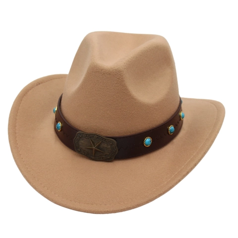 Kids Western Cowboy Hat Polyester Felt Fedora With Star Buckle Turquoise Beads Retro Ethnic Style For Boys Girls