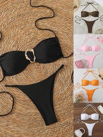 Women Sexy Bikini Set Halter Neck With Metal Ring Solid Color Nylon Wire Free Padded Beach Swimwear