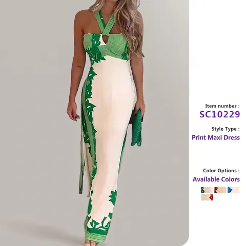Women Halter Maxi Dress Sleeveless Polyester Floral Leaf Print Color Block Backless Summer Beach Vacation Chic Long Dress