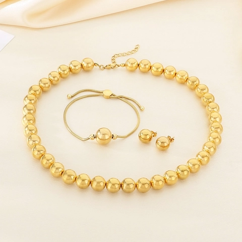 Stainless Steel Jewelry Necklace Bracelet Earrings Round Hollow Beads Polished Fashion Geometric Trendy For Women
