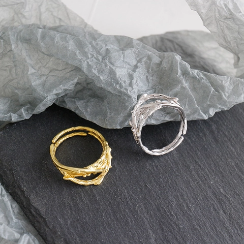 Anillo Abierto de Plata de Ley 925 con Diseño de Rama de Espinas para Mujer Textura Irregular Ajustable Minimalista Joyería