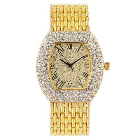Women's Fashion Luxury Quartz Watch Tonneau Shape Rhinestone Dial Roman Numerals Metal Strap Elegant Dress Watches