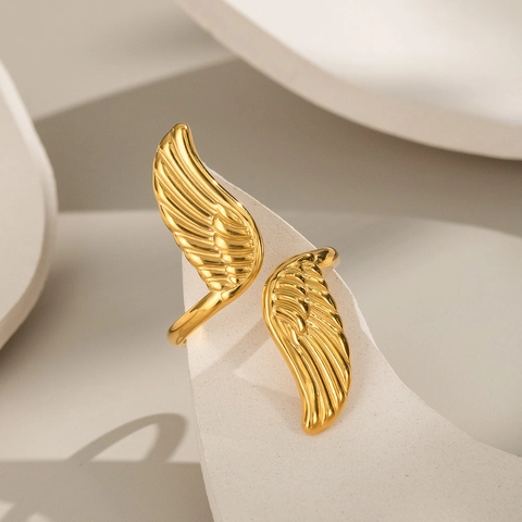 Angel Wing Open Ring 18K Gold Plated Stainless Steel Adjustable Polished Hypoallergenic Jewelry For Women