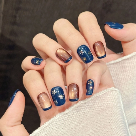 Uñas Postizas Azul Marino Bronce Ojo De Gato Color Contrastado Cuadrado Redondo Brillo Patrón Flores Punta Francesa