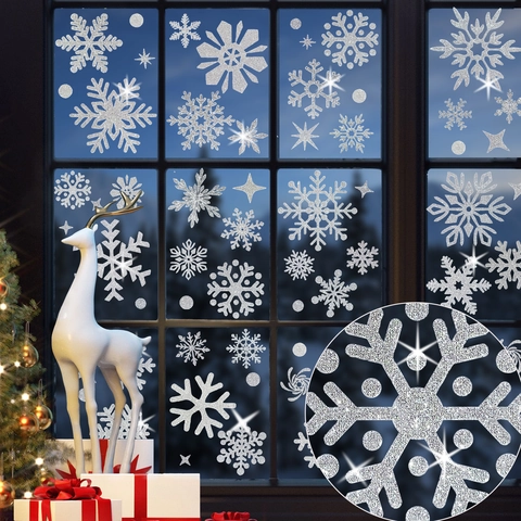 Kerst Sneeuwvlok Vensterstickers Zilveren Glitter Elektrostatische PVC Decals Voor Glazen Deur Etalage Winter Decor