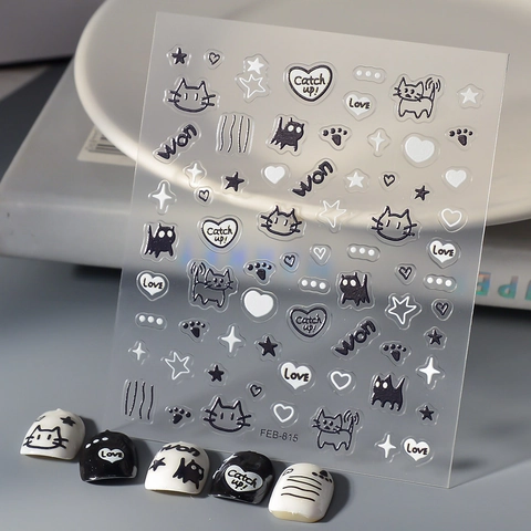 Autocollants Art Des Ongles 5D Relief Chat Noir Et Blanc Dessin Animé Coeur Étoile Adhésif Imperméable Décoration Manucure