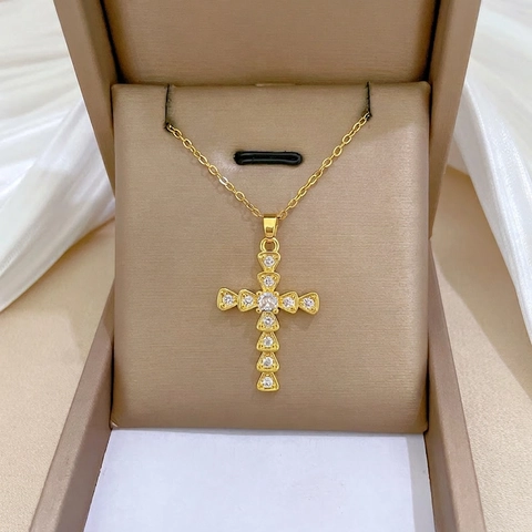 Cross Pendant Necklace Titanium Steel Chain Copper Micro Pave Cubic Zirconia Gold Plated Elegant Jewelry For Women