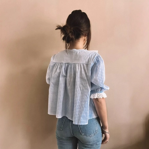 Camicetta Gingham Dolce Francese Colletto Peter Pan In Pizzo Fiocco Top In Poliestere Per Donna